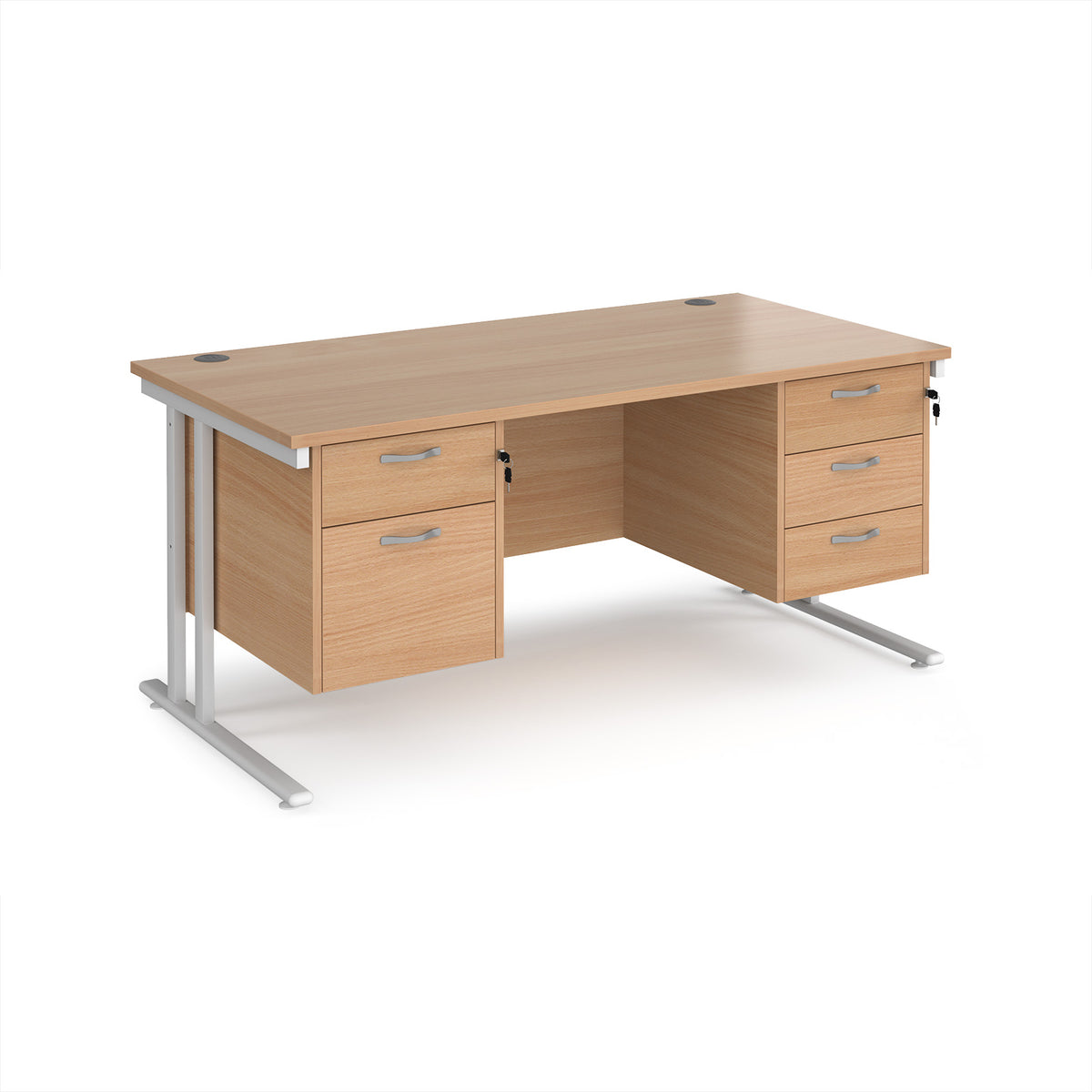 Maestro 25 straight desk 1600mm x 800mm with 2 and 3 drawer pedestals - white cantilever leg frame, Beech top - view 1