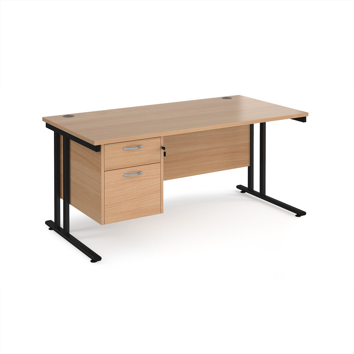 Maestro 25 straight desk 1600mm x 800mm with 2 drawer pedestal - black cantilever leg frame, Beech top - view 1