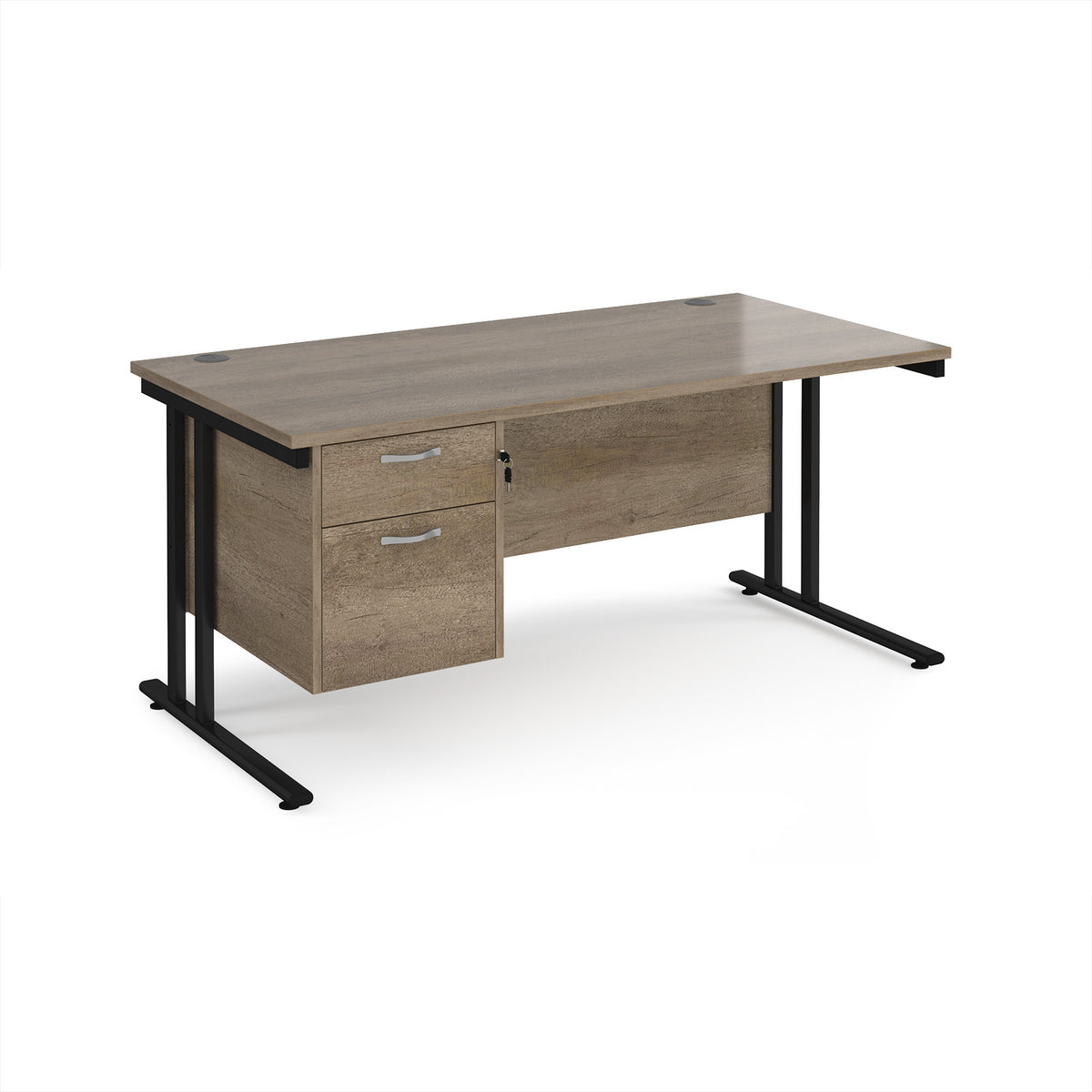 Maestro 25 straight desk 1600mm x 800mm with 2 drawer pedestal - black cantilever leg frame, Nebraska Oak Top - view 1