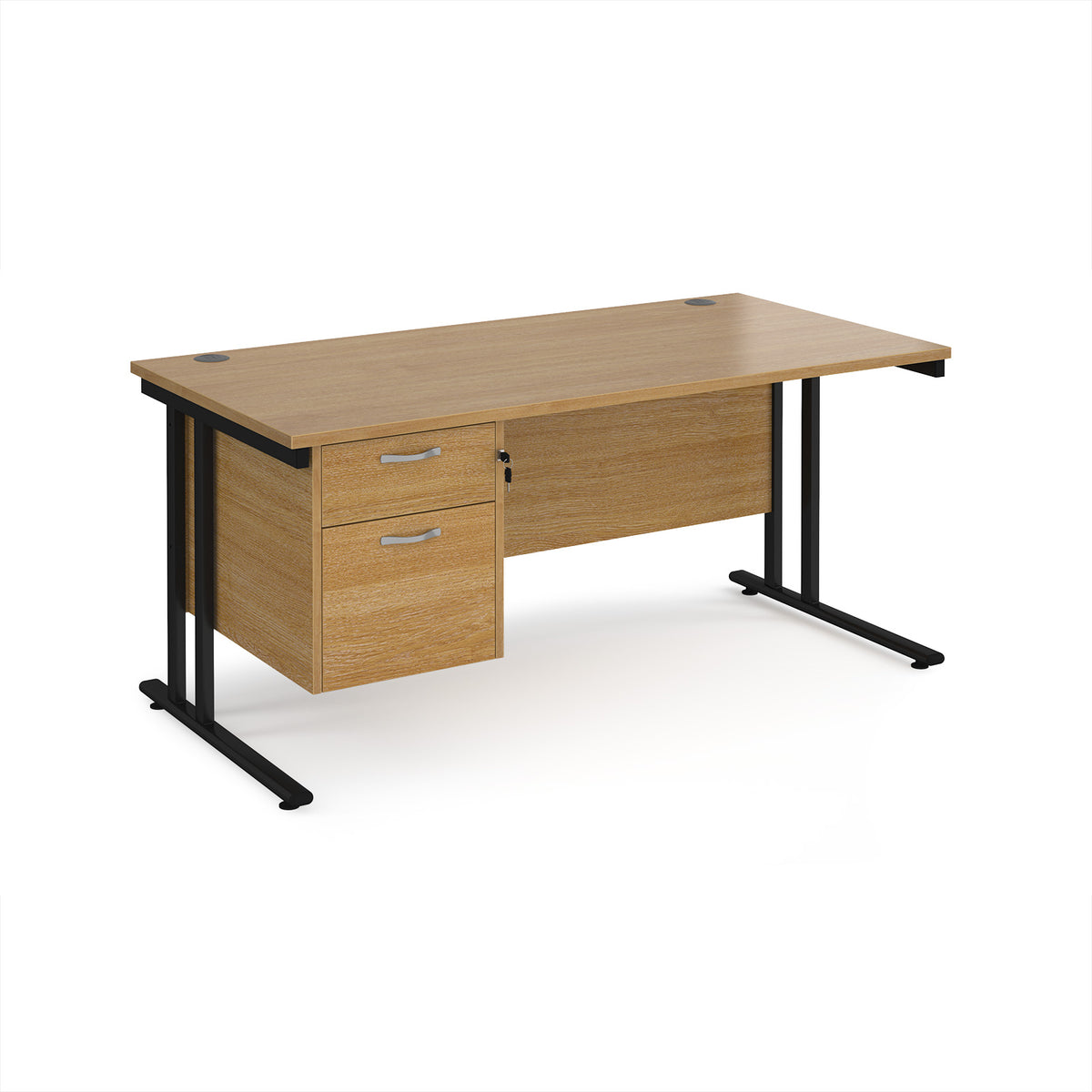 Maestro 25 straight desk 1600mm x 800mm with 2 drawer pedestal - black cantilever leg frame, Oak Top - view 1