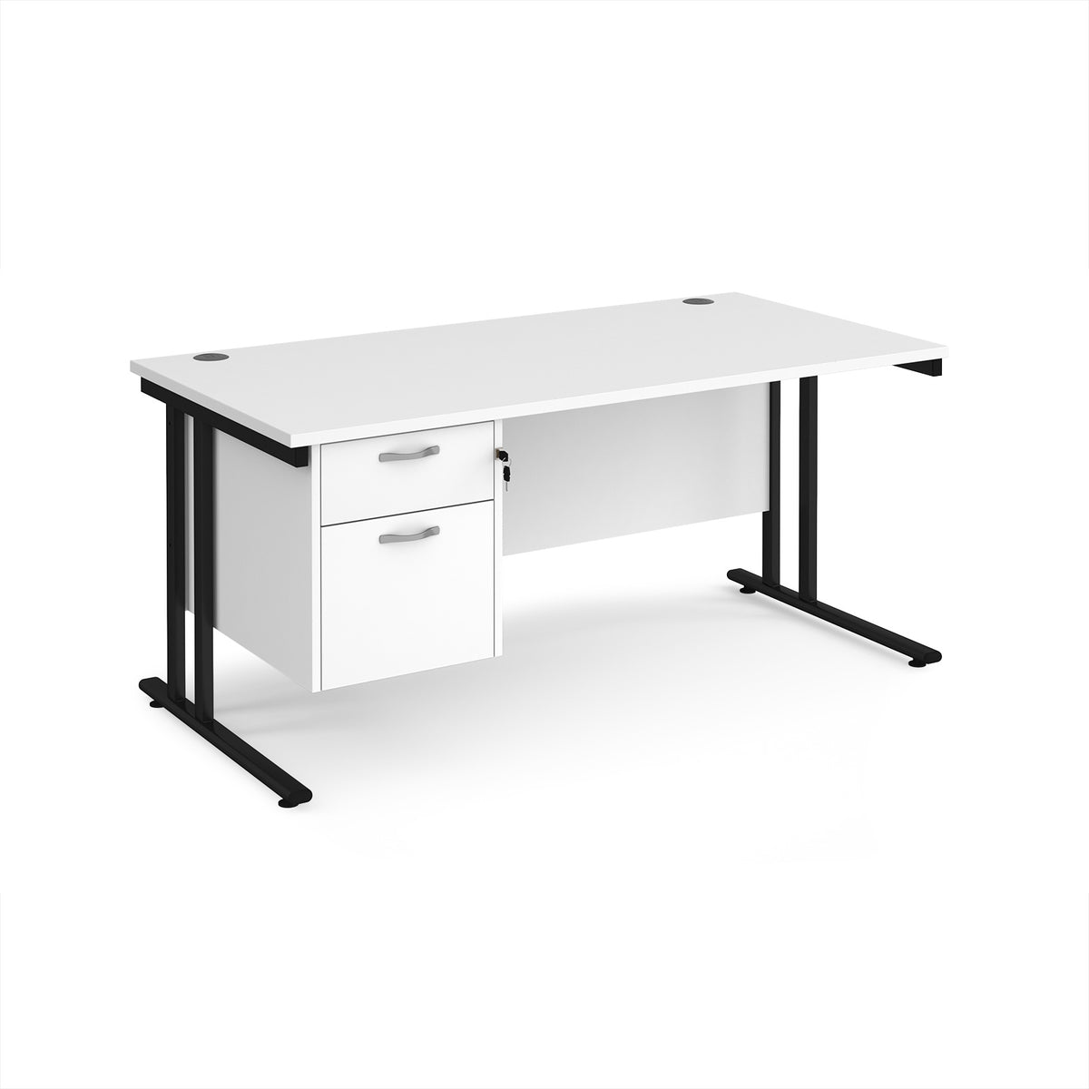 Maestro 25 straight desk 1600mm x 800mm with 2 drawer pedestal - black cantilever leg frame, White Top - view 1