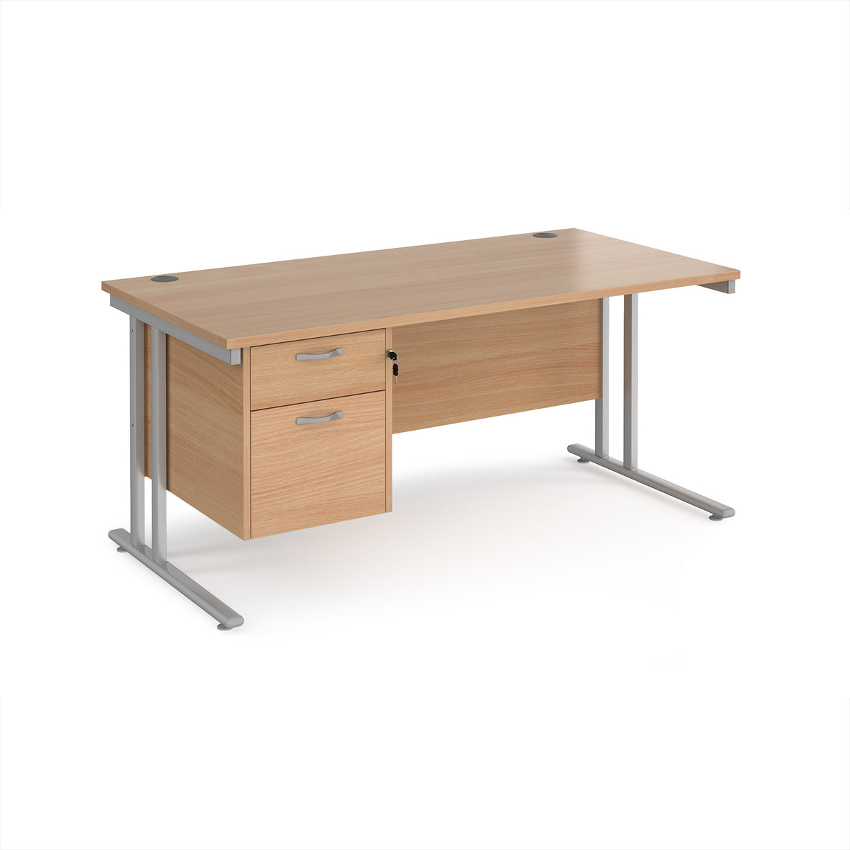Maestro 25 straight desk 1600mm x 800mm with 2 drawer pedestal - silver cantilever leg frame, Beech top - view 1