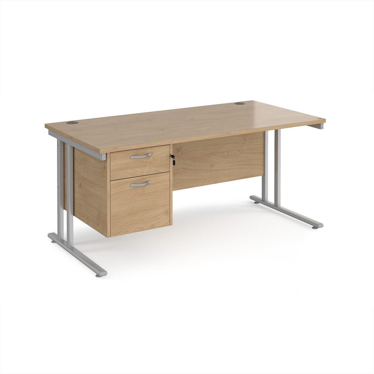 Maestro 25 straight desk 1600mm x 800mm with 2 drawer pedestal - silver cantilever leg frame, Kendal Oak Top - view 1