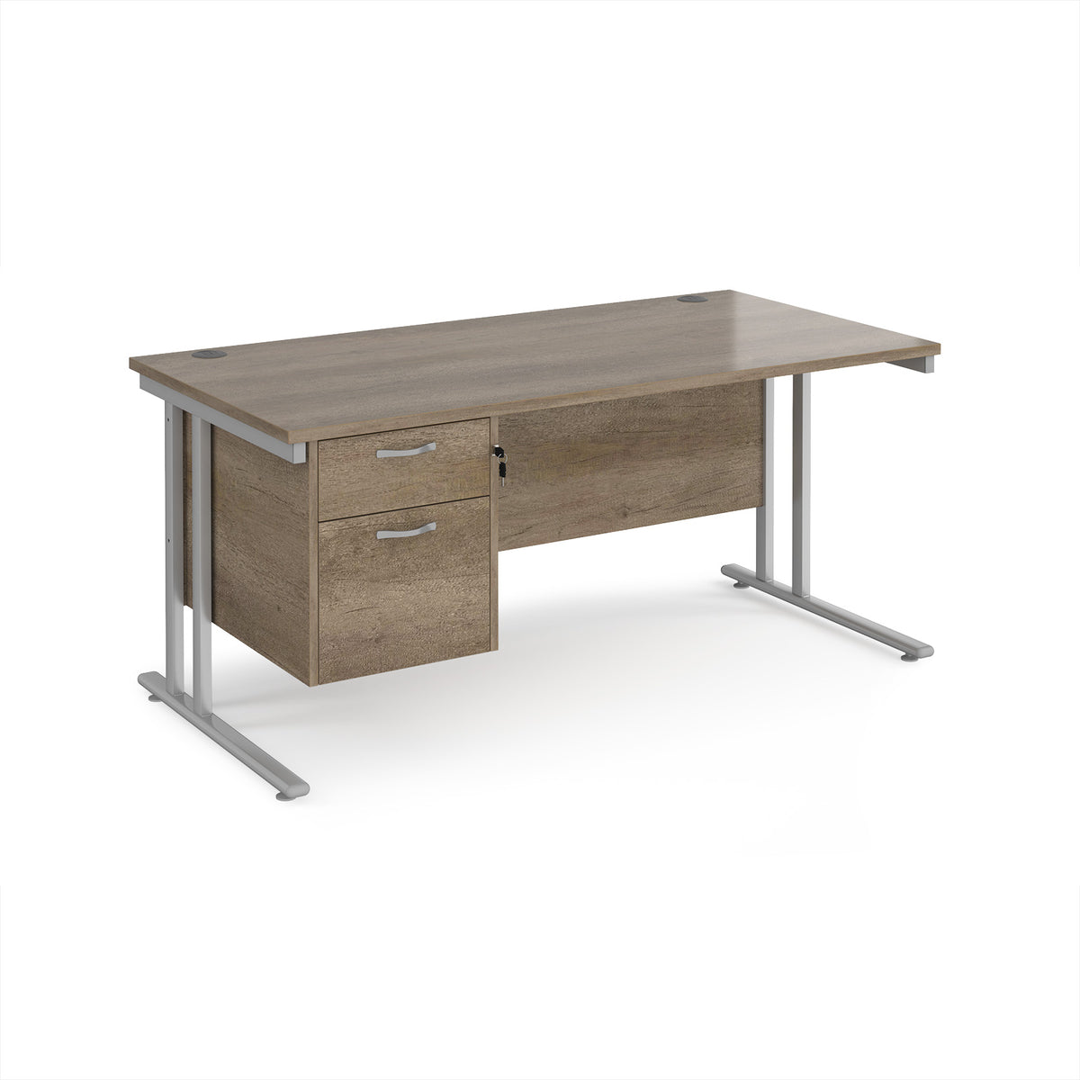 Maestro 25 straight desk 1600mm x 800mm with 2 drawer pedestal - silver cantilever leg frame, Nebraska Oak Top - view 1