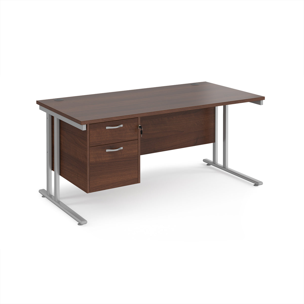 Maestro 25 straight desk 1600mm x 800mm with 2 drawer pedestal - silver cantilever leg frame, Walnut top - view 1