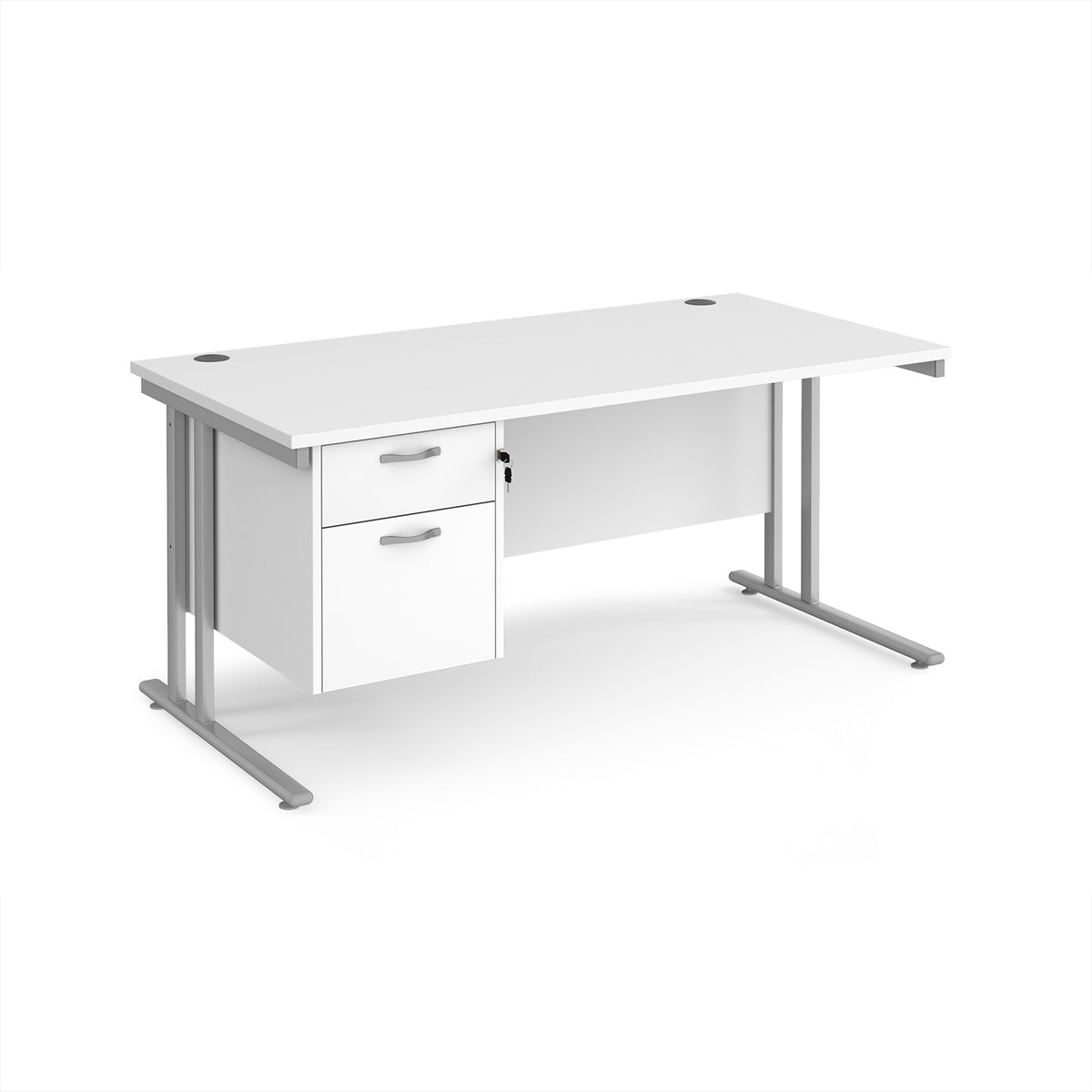 Maestro 25 straight desk 1600mm x 800mm with 2 drawer pedestal - silver cantilever leg frame, White Top - view 1