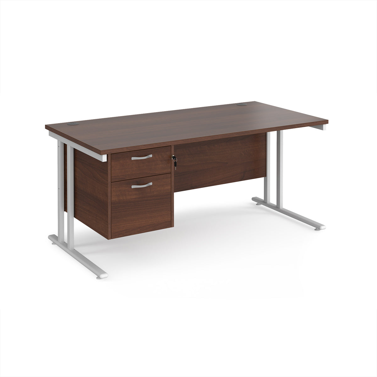 Maestro 25 straight desk 1600mm x 800mm with 2 drawer pedestal - white cantilever leg frame, Walnut top - view 1