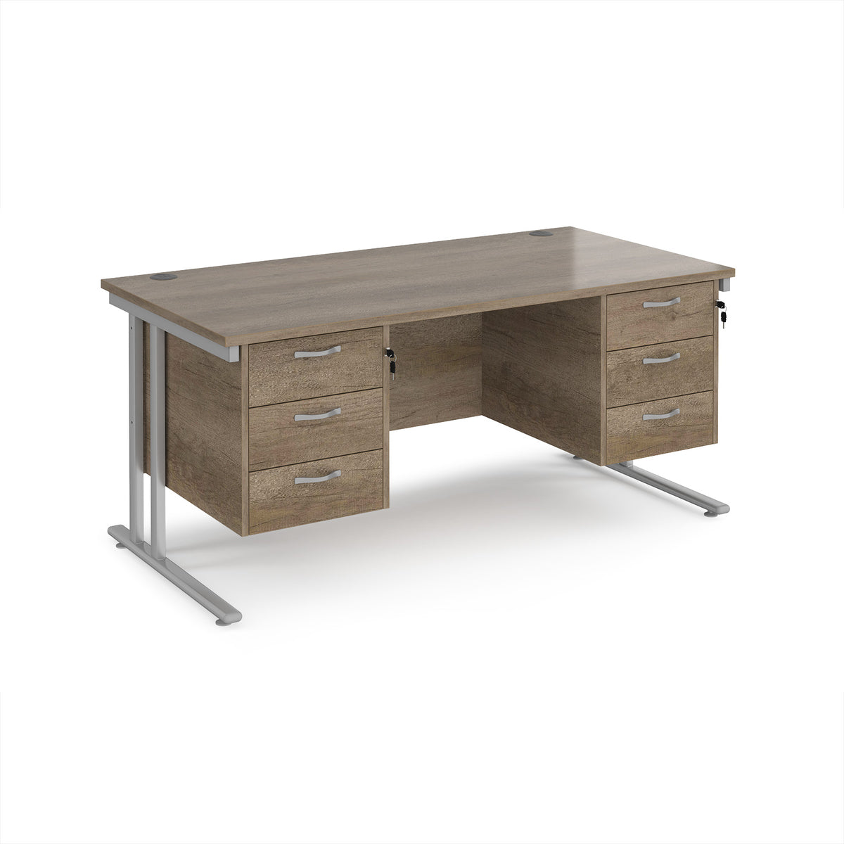Maestro 25 straight desk 1600mm x 800mm with two x 3 drawer pedestals - silver cantilever leg frame, Nebraska Oak Top - view 1