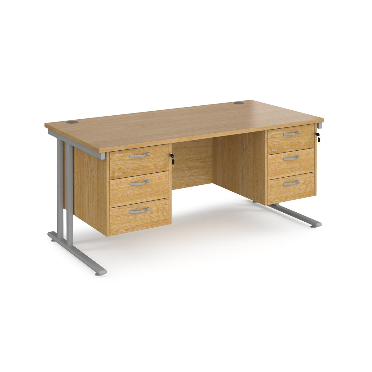 Maestro 25 straight desk 1600mm x 800mm with two x 3 drawer pedestals - silver cantilever leg frame, Oak Top - view 1