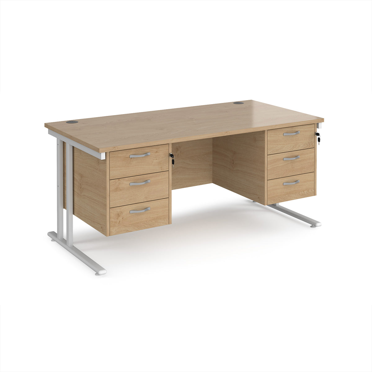 Maestro 25 straight desk 1600mm x 800mm with two x 3 drawer pedestals - white cantilever leg frame, Kendal Oak Top - view 1