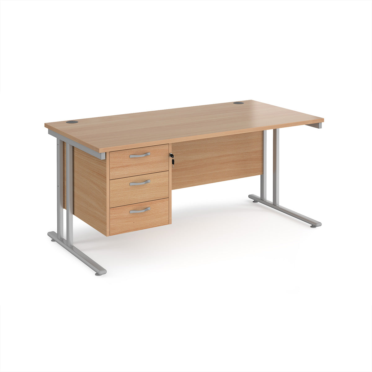 Maestro 25 straight desk 1600mm x 800mm with 3 drawer pedestal - silver cantilever leg frame, Beech top - view 1