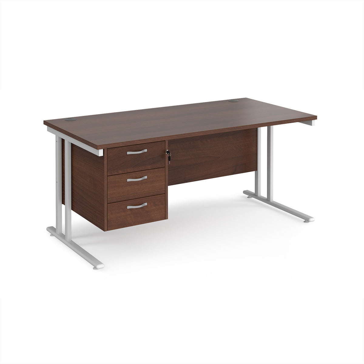 Maestro 25 straight desk 1600mm x 800mm with 3 drawer pedestal - white cantilever leg frame, Walnut top - view 1