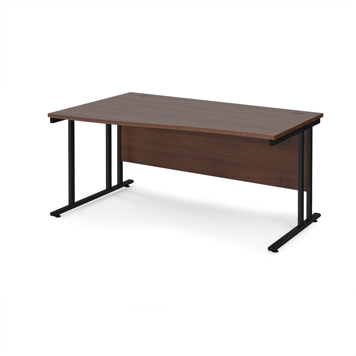 Maestro 25 left hand wave desk 1600mm wide - black cantilever leg frame, Walnut top - view 1
