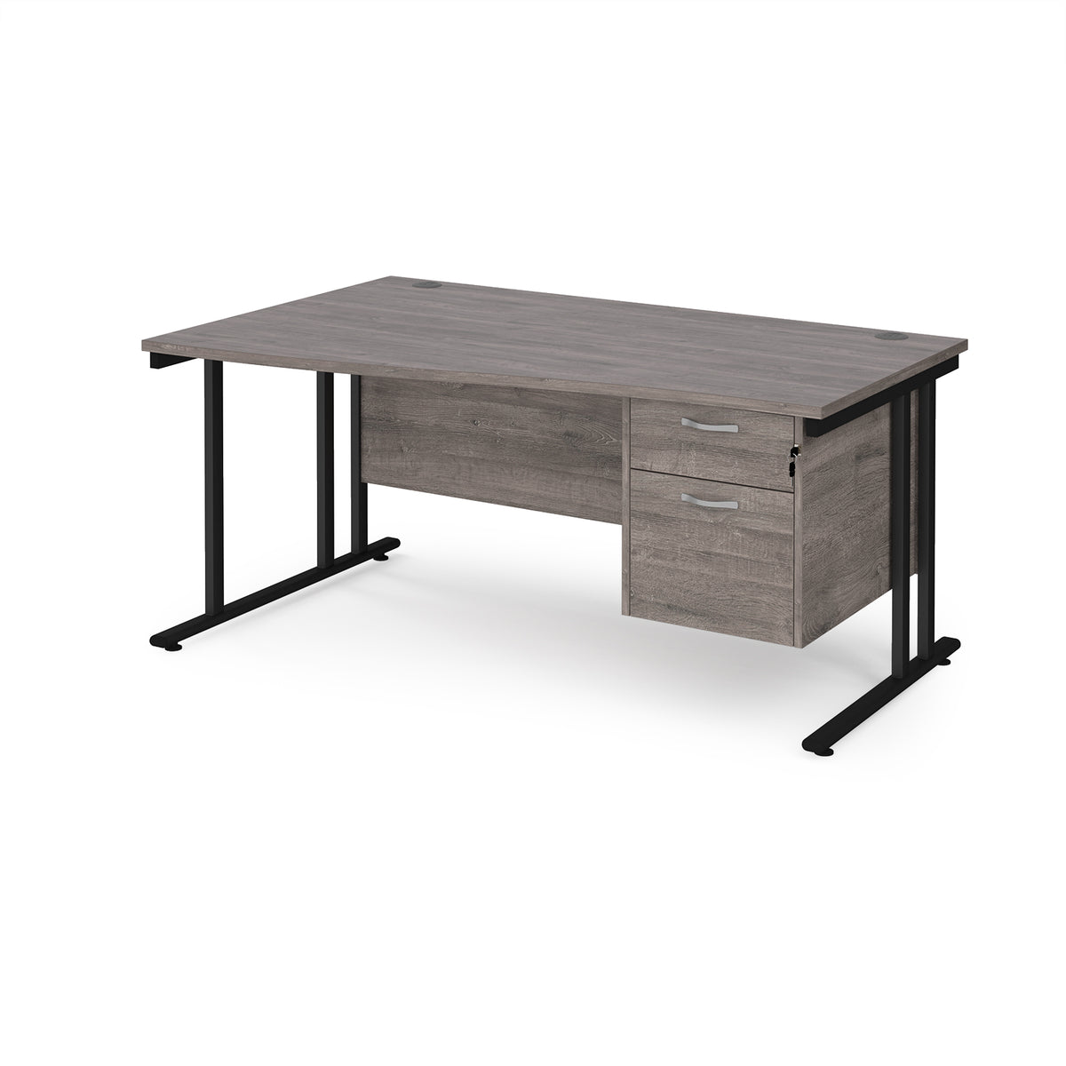 Maestro 25 left hand wave desk 1600mm wide with 2 drawer pedestal - black cantilever leg frame, Grey Oak Top - view 1