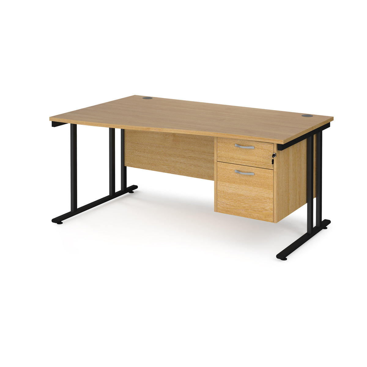 Maestro 25 left hand wave desk 1600mm wide with 2 drawer pedestal - black cantilever leg frame, Oak Top - view 1