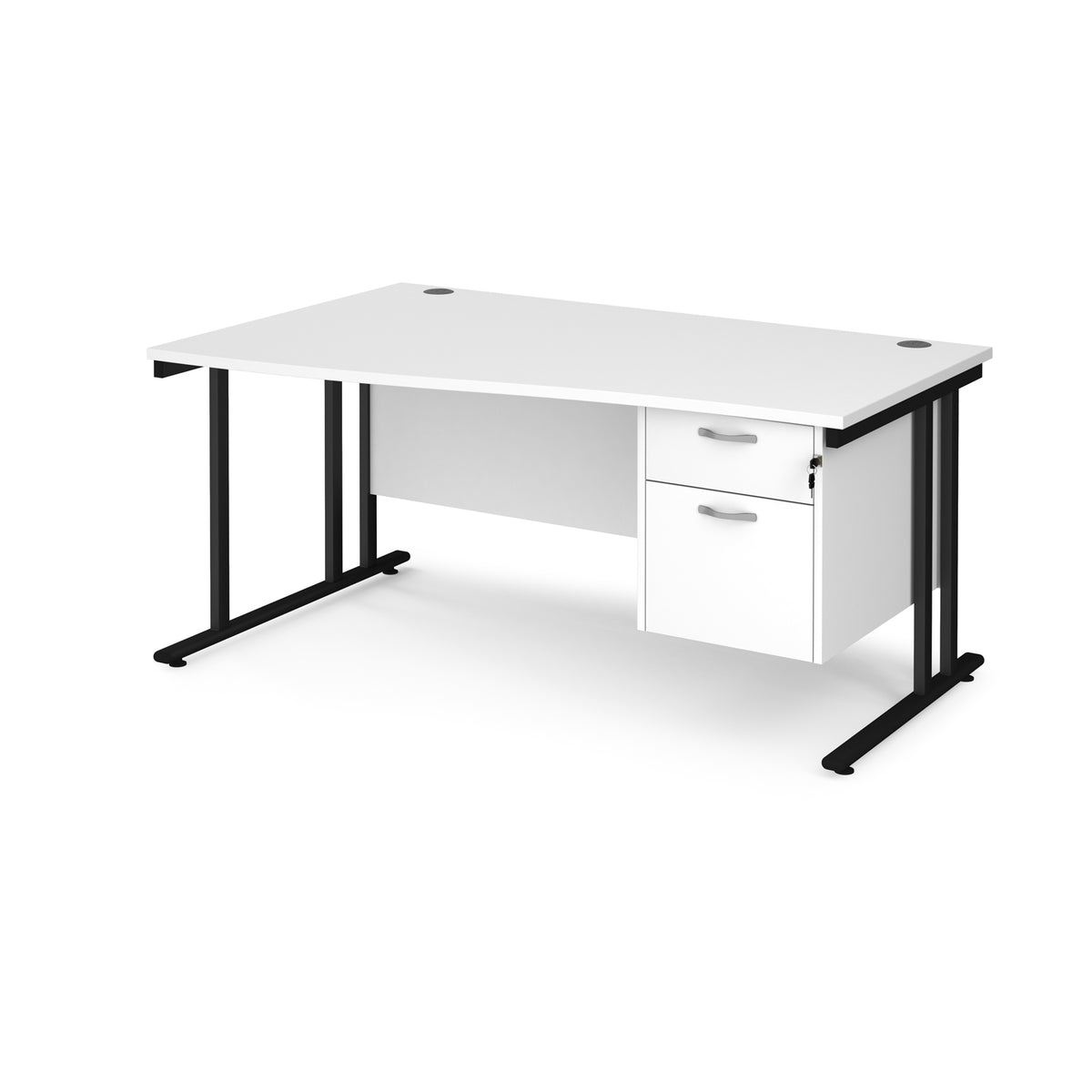 Maestro 25 left hand wave desk 1600mm wide with 2 drawer pedestal - black cantilever leg frame, White Top - view 1
