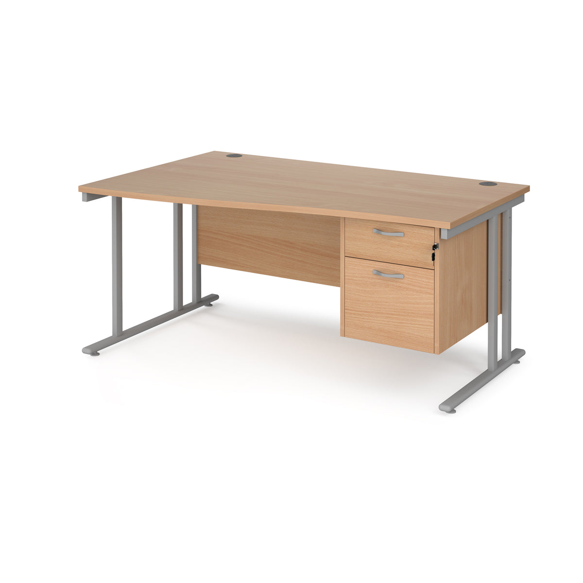 Maestro 25 left hand wave desk 1600mm wide with 2 drawer pedestal - silver cantilever leg frame, Beech top - view 1