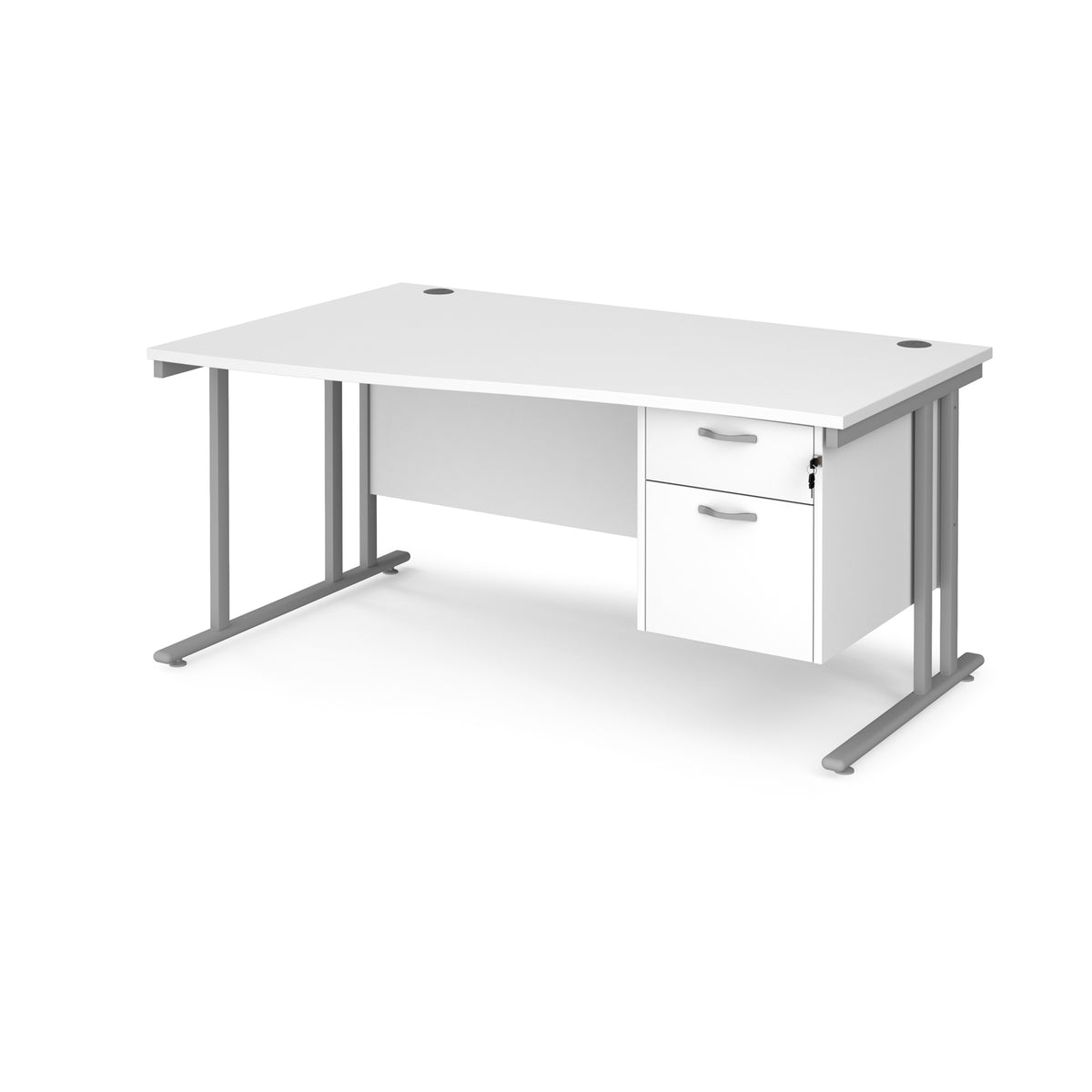Maestro 25 left hand wave desk 1600mm wide with 2 drawer pedestal - silver cantilever leg frame, White Top - view 1