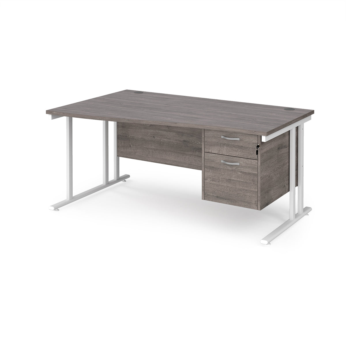 Maestro 25 left hand wave desk 1600mm wide with 2 drawer pedestal - white cantilever leg frame, Grey Oak Top - view 1