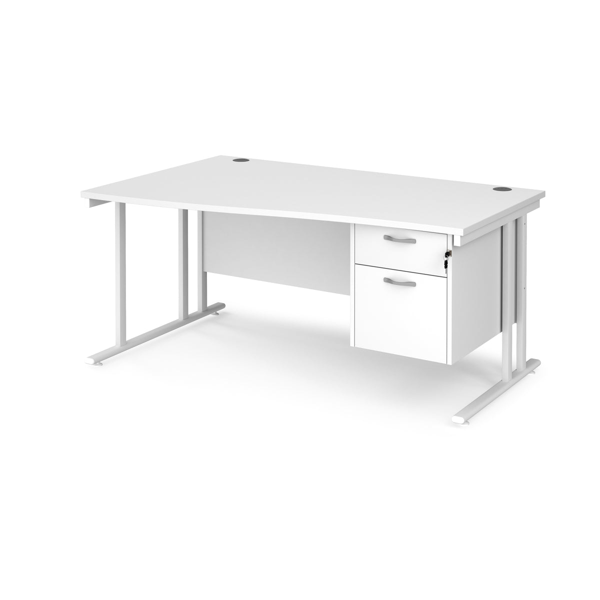 Maestro 25 left hand wave desk 1600mm wide with 2 drawer pedestal - white cantilever leg frame, White Top - view 1