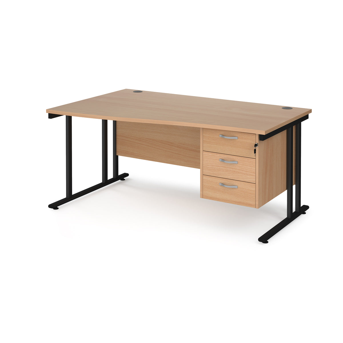 Maestro 25 left hand wave desk 1600mm wide with 3 drawer pedestal - black cantilever leg frame, Beech top - view 1