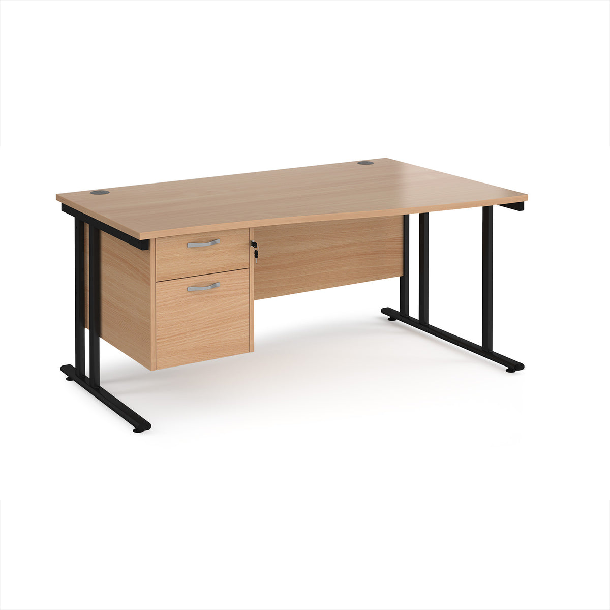 Maestro 25 right hand wave desk 1600mm wide with 2 drawer pedestal - black cantilever leg frame, Beech top - view 1