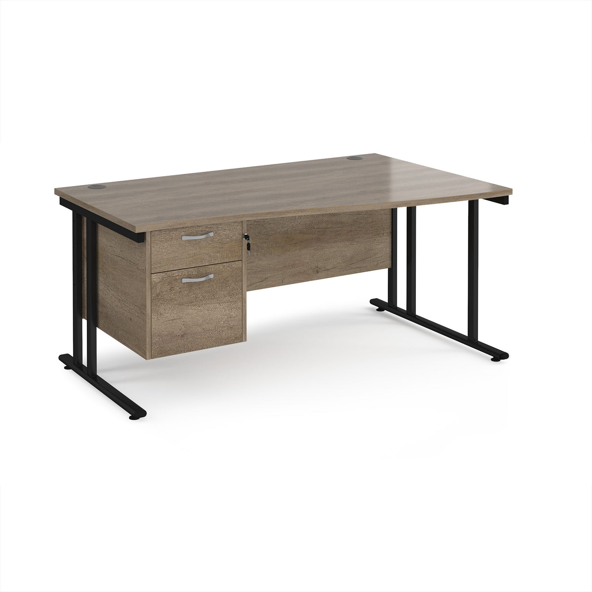 Maestro 25 right hand wave desk 1600mm wide with 2 drawer pedestal - black cantilever leg frame, Nebraska Oak Top - view 1