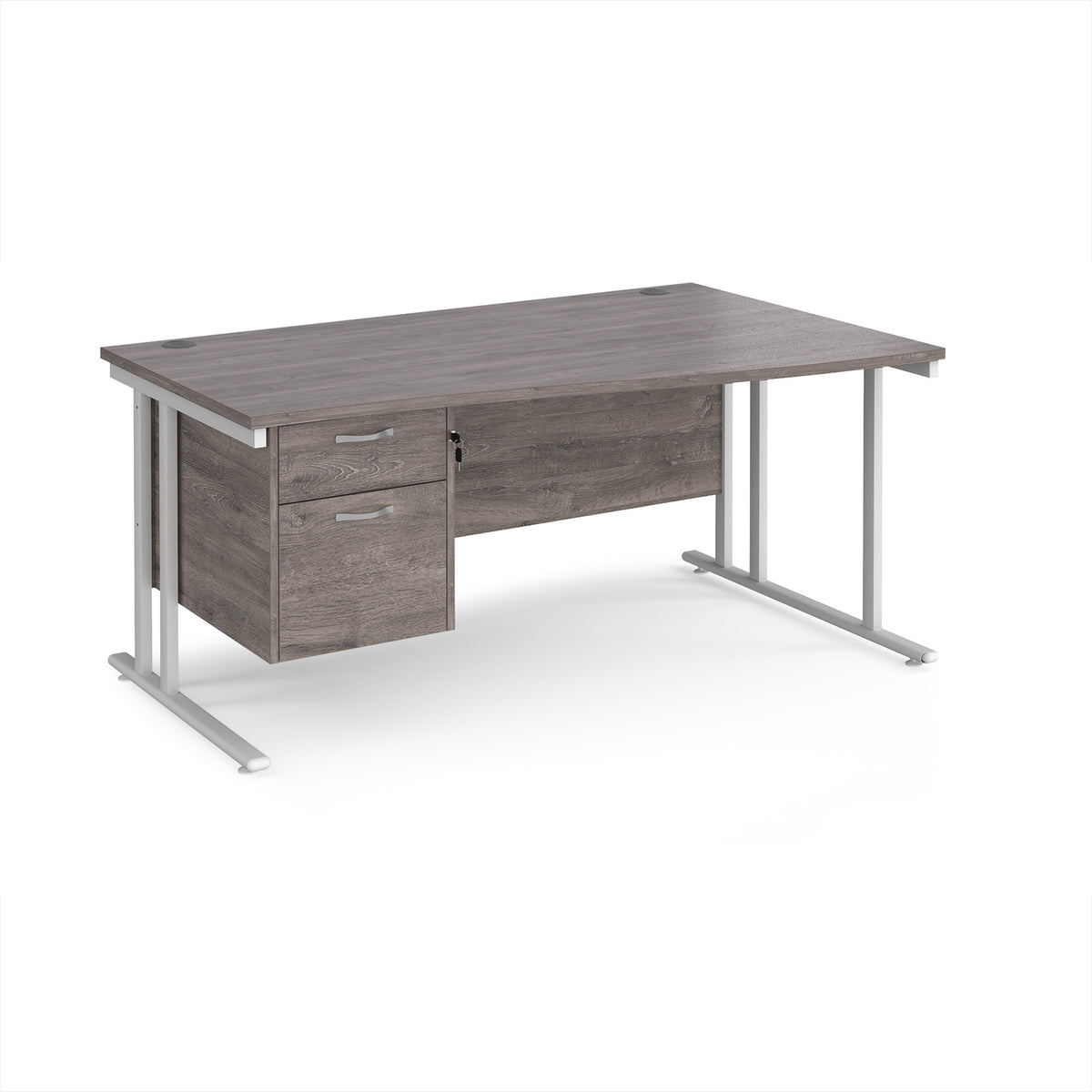 Maestro 25 right hand wave desk 1600mm wide with 2 drawer pedestal - white cantilever leg frame, Grey Oak Top - view 1