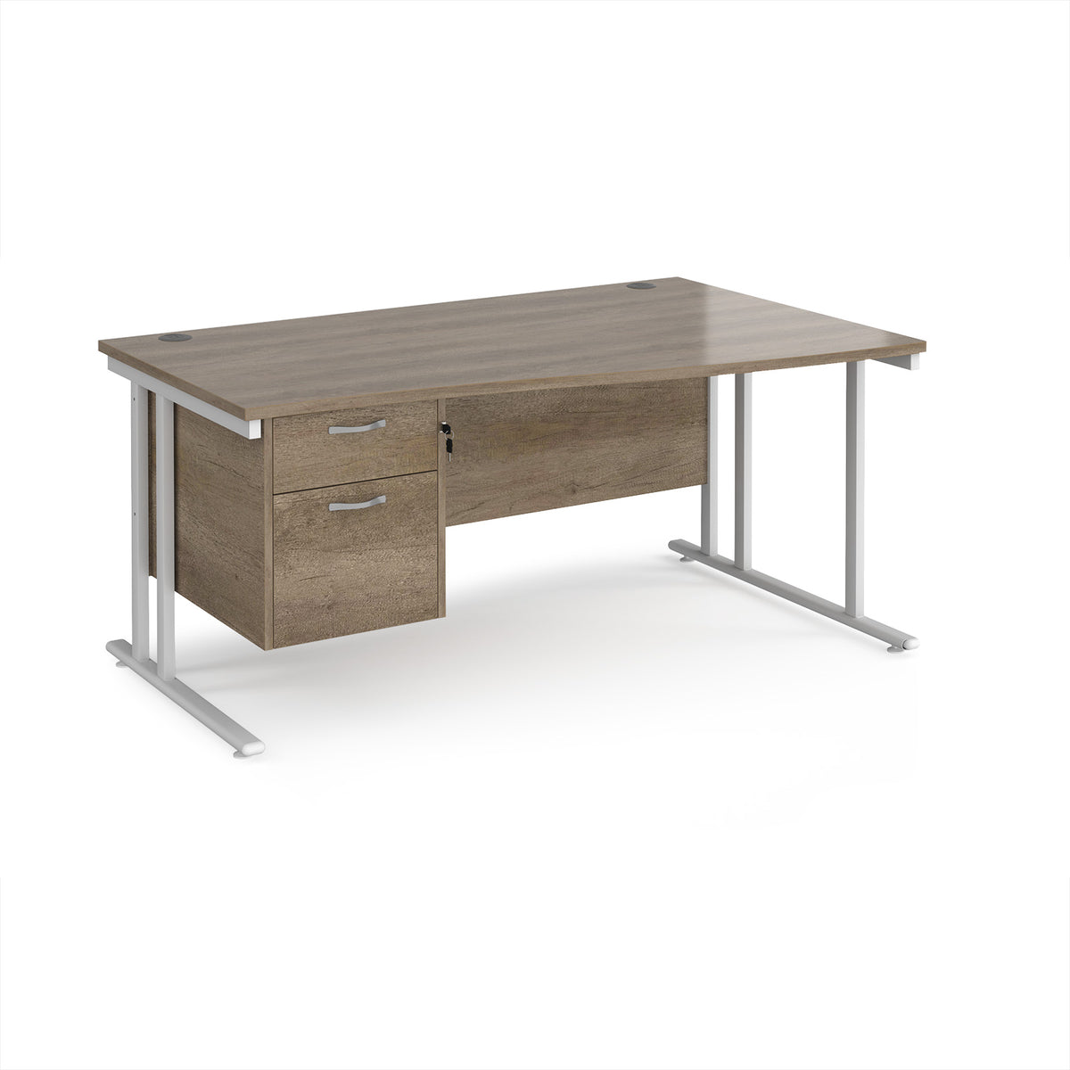 Maestro 25 right hand wave desk 1600mm wide with 2 drawer pedestal - white cantilever leg frame, Nebraska Oak Top - view 1