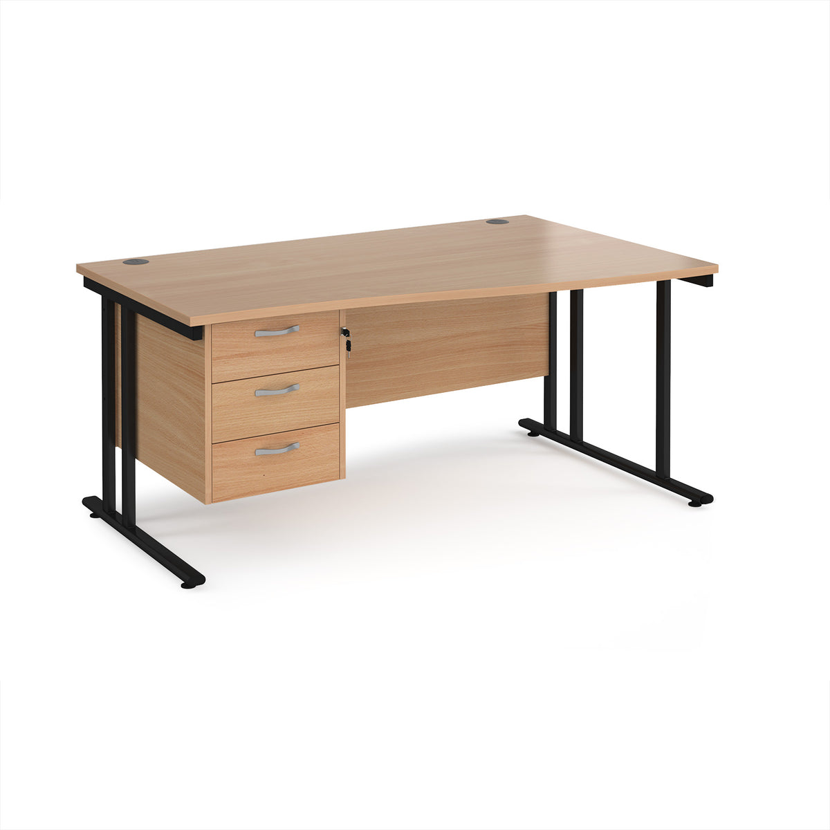 Maestro 25 right hand wave desk 1600mm wide with 3 drawer pedestal - black cantilever leg frame, Beech top - view 1