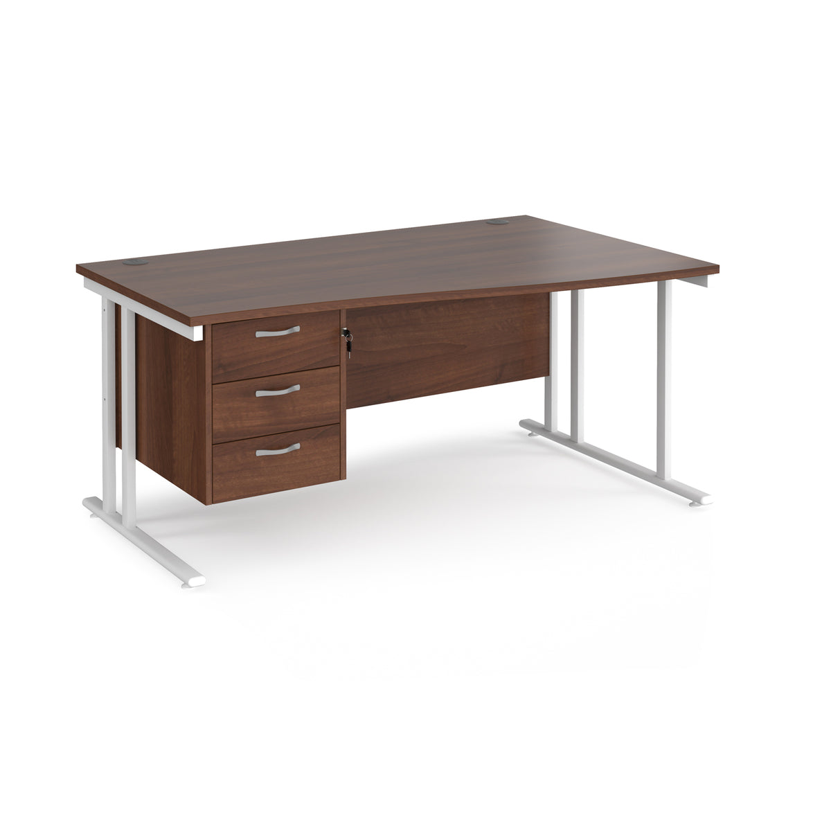 Maestro 25 right hand wave desk 1600mm wide with 3 drawer pedestal - white cantilever leg frame, Walnut top - view 1