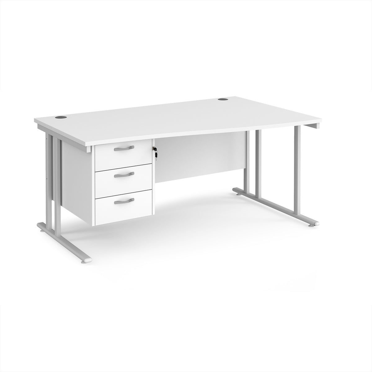 Maestro 25 right hand wave desk 1600mm wide with 3 drawer pedestal - white cantilever leg frame, White Top - view 1