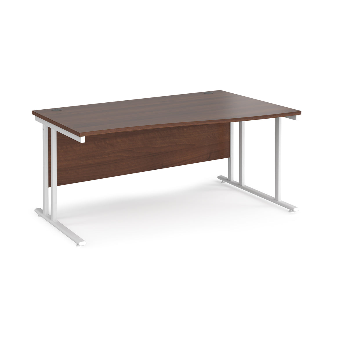 Maestro 25 right hand wave desk 1600mm wide - white cantilever leg frame, Walnut top - view 1