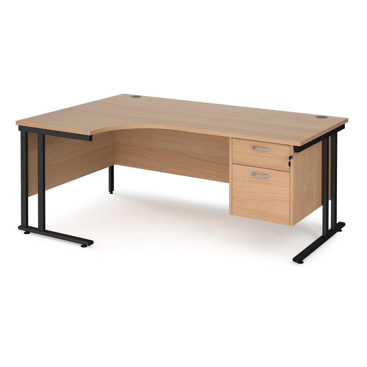 Maestro 25 left hand ergonomic desk 1800mm wide with 2 drawer pedestal - black cantilever leg frame, Beech top - view 1