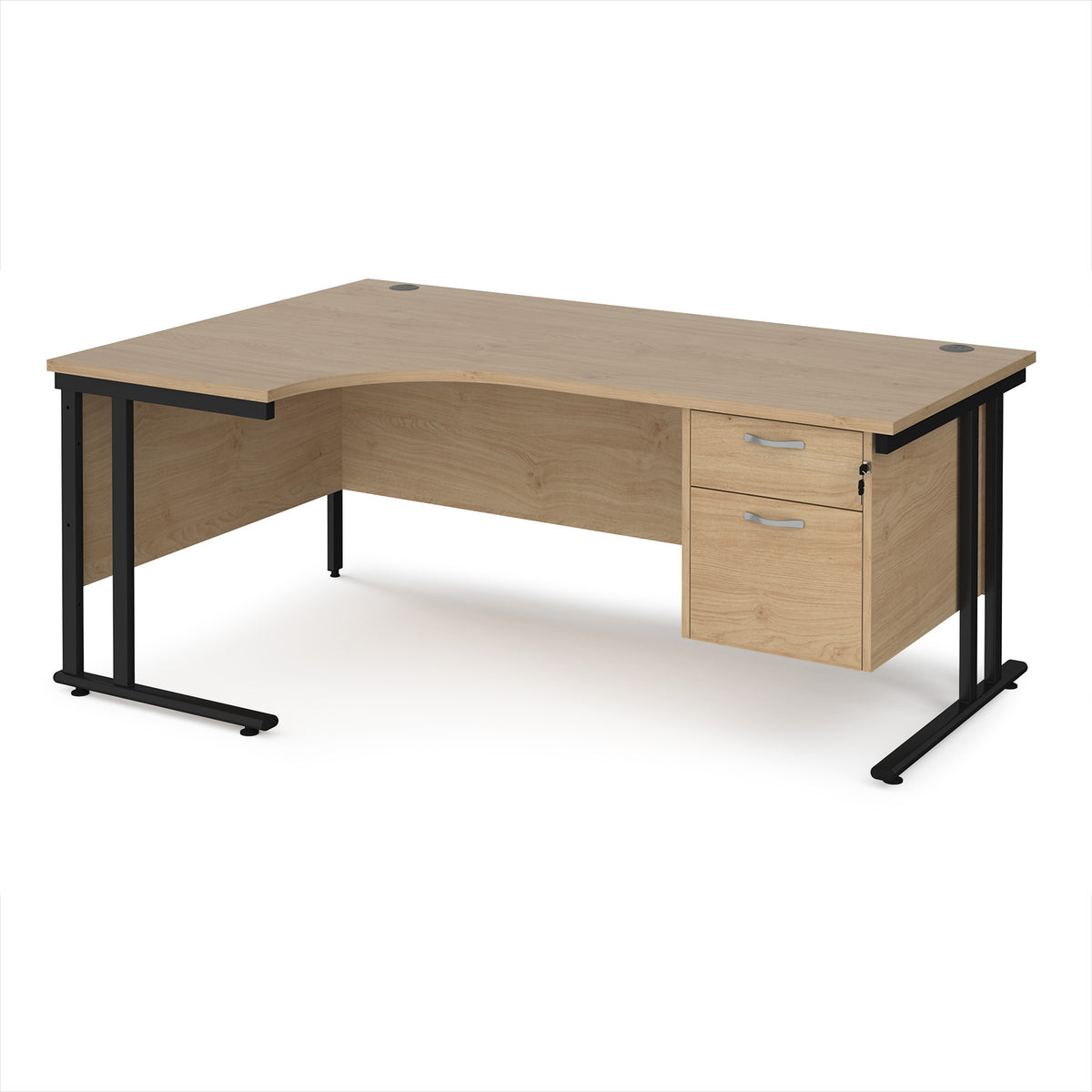 Maestro 25 left hand ergonomic desk 1800mm wide with 2 drawer pedestal - black cantilever leg frame, Kendal Oak Top - view 1