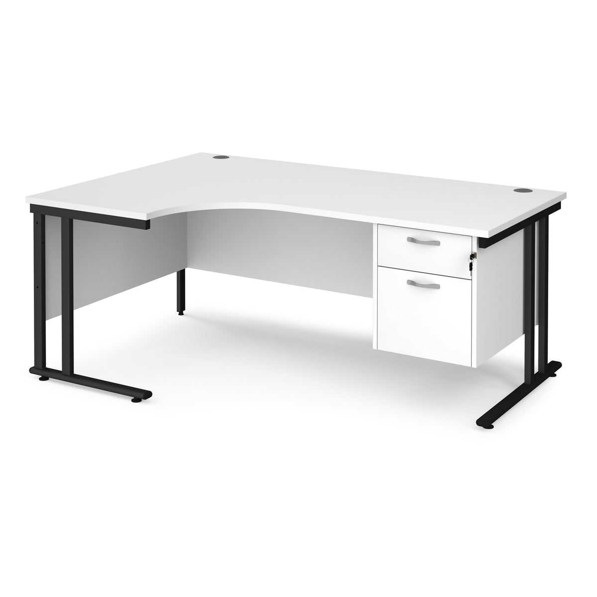 Maestro 25 left hand ergonomic desk 1800mm wide with 2 drawer pedestal - black cantilever leg frame, White Top - view 1