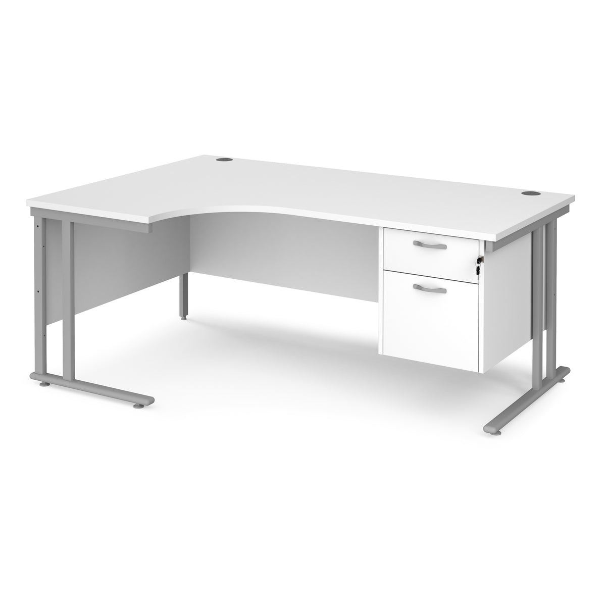 Maestro 25 left hand ergonomic desk 1800mm wide with 2 drawer pedestal - silver cantilever leg frame, White Top - view 1