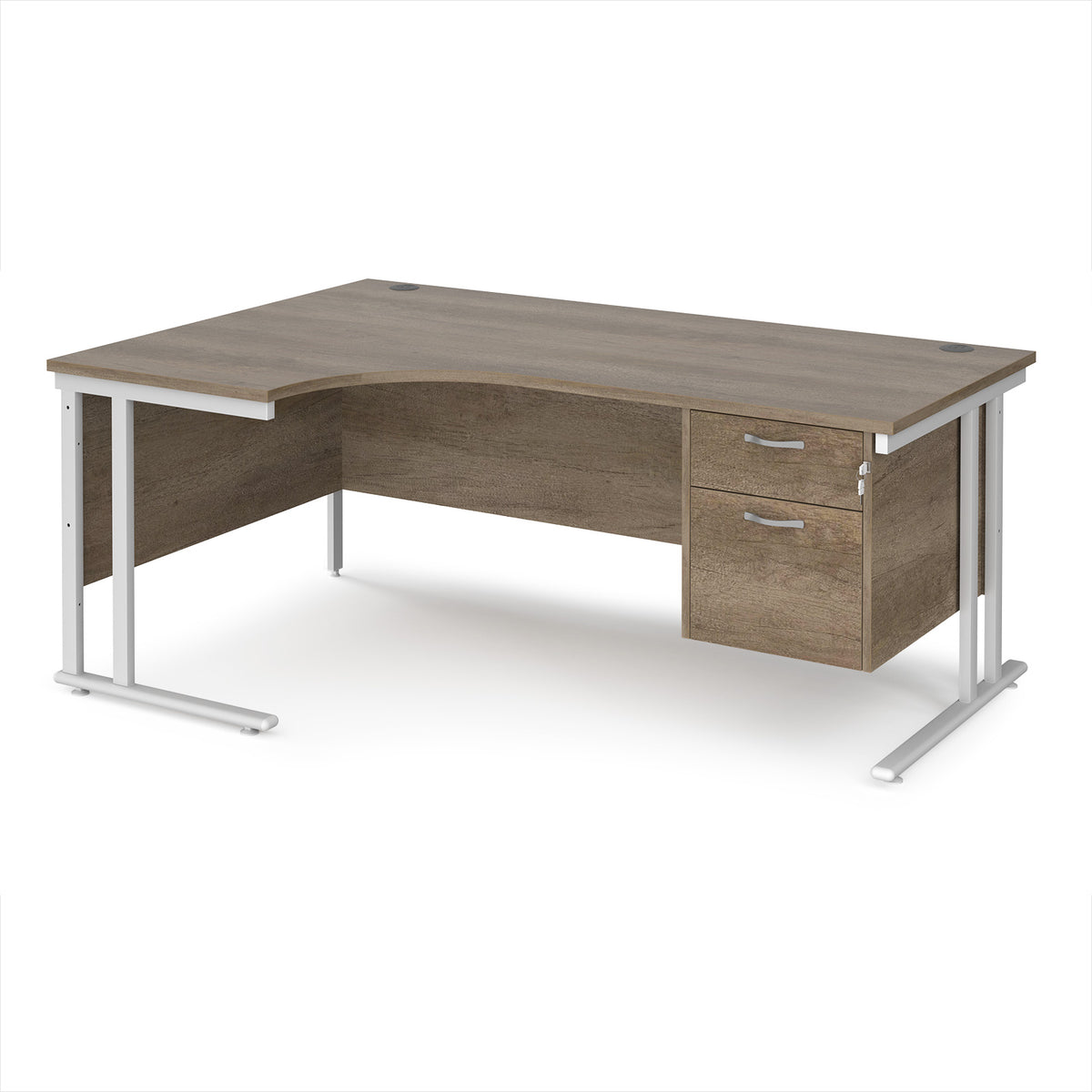 Maestro 25 left hand ergonomic desk 1800mm wide with 2 drawer pedestal - white cantilever leg frame, Nebraska Oak Top - view 1