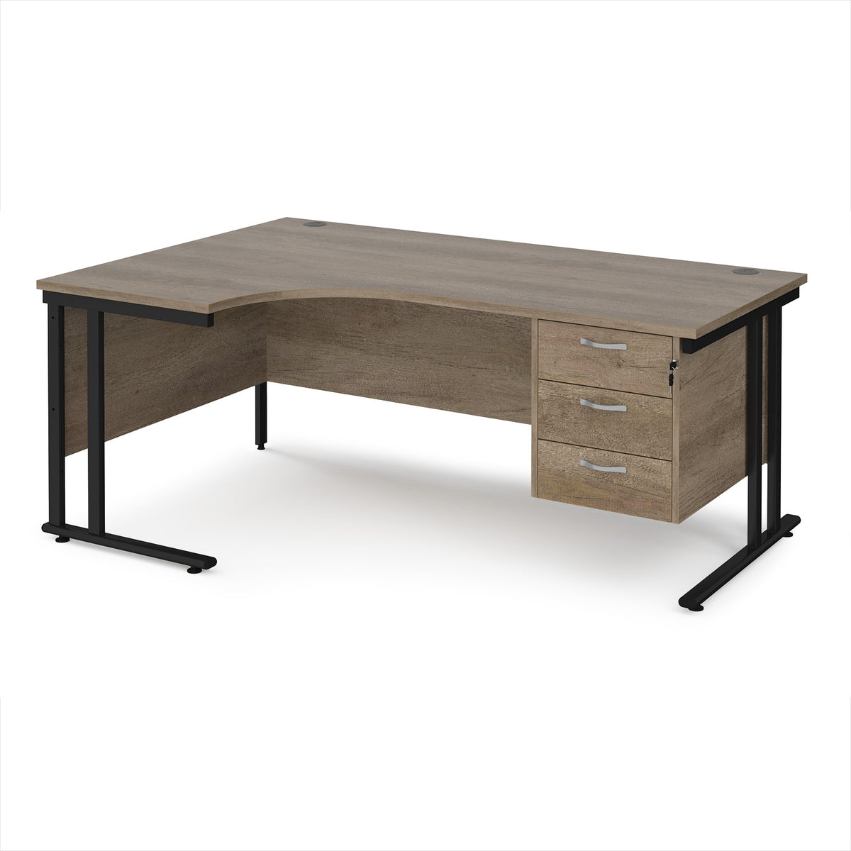 Maestro 25 left hand ergonomic desk 1800mm wide with 3 drawer pedestal - black cantilever leg frame, Nebraska Oak Top - view 1