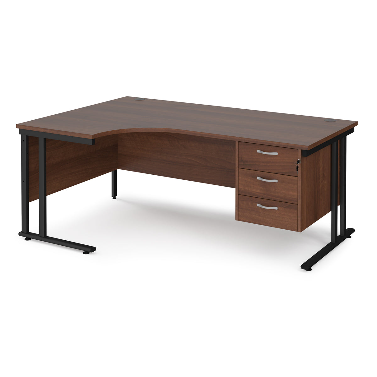 Maestro 25 left hand ergonomic desk 1800mm wide with 3 drawer pedestal - black cantilever leg frame, Walnut top - view 1