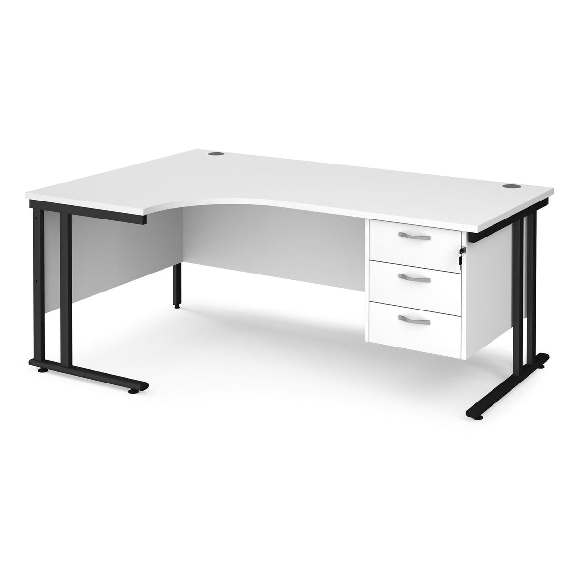 Maestro 25 left hand ergonomic desk 1800mm wide with 3 drawer pedestal - black cantilever leg frame, White Top - view 1