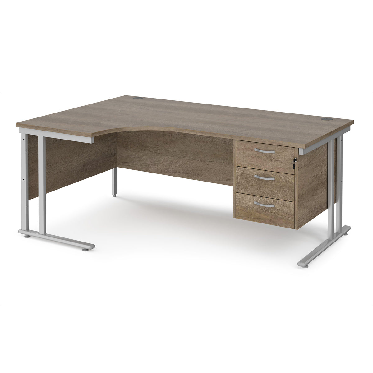 Maestro 25 left hand ergonomic desk 1800mm wide with 3 drawer pedestal - silver cantilever leg frame, Nebraska Oak Top - view 1