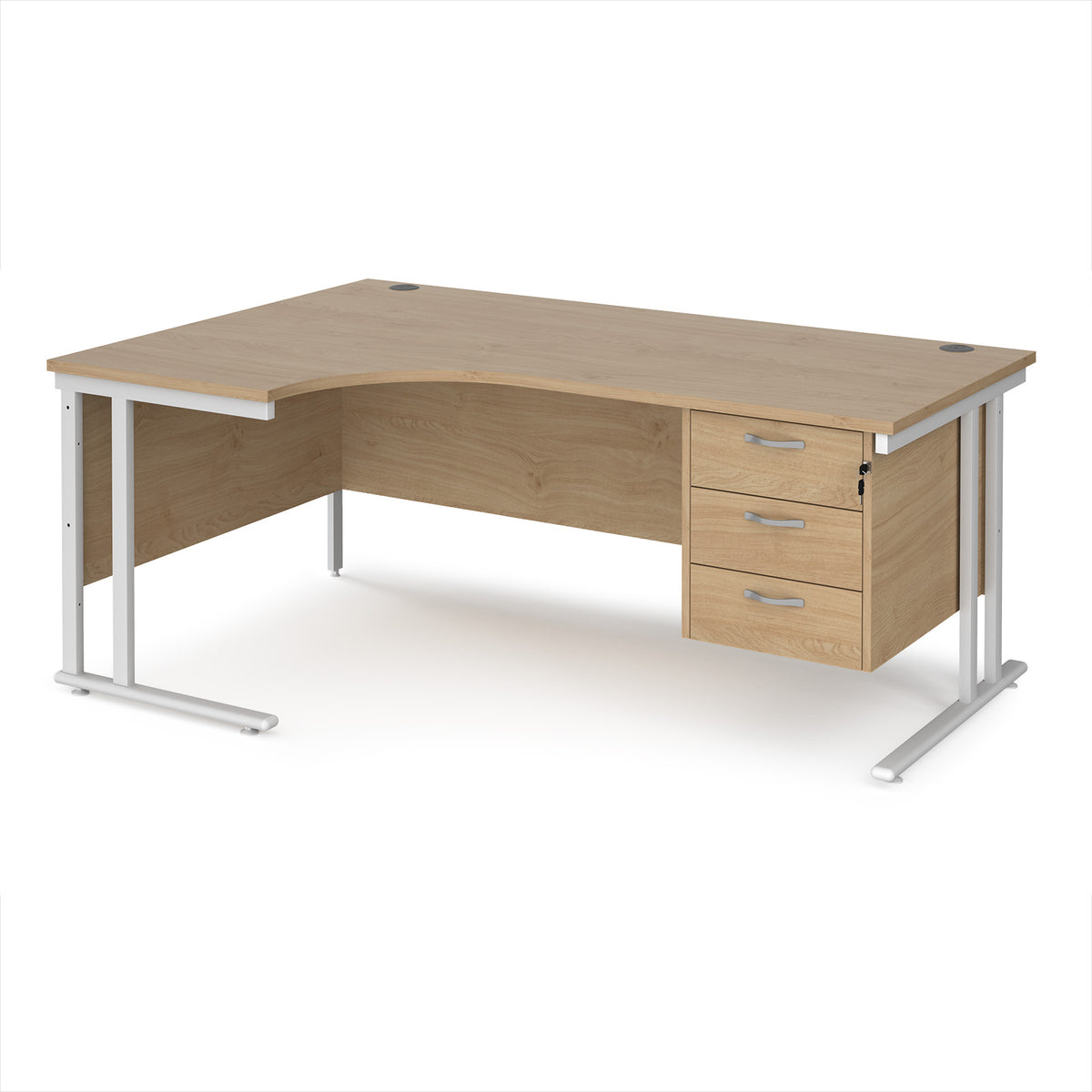 Maestro 25 left hand ergonomic desk 1800mm wide with 3 drawer pedestal - white cantilever leg frame, Kendal Oak Top - view 1