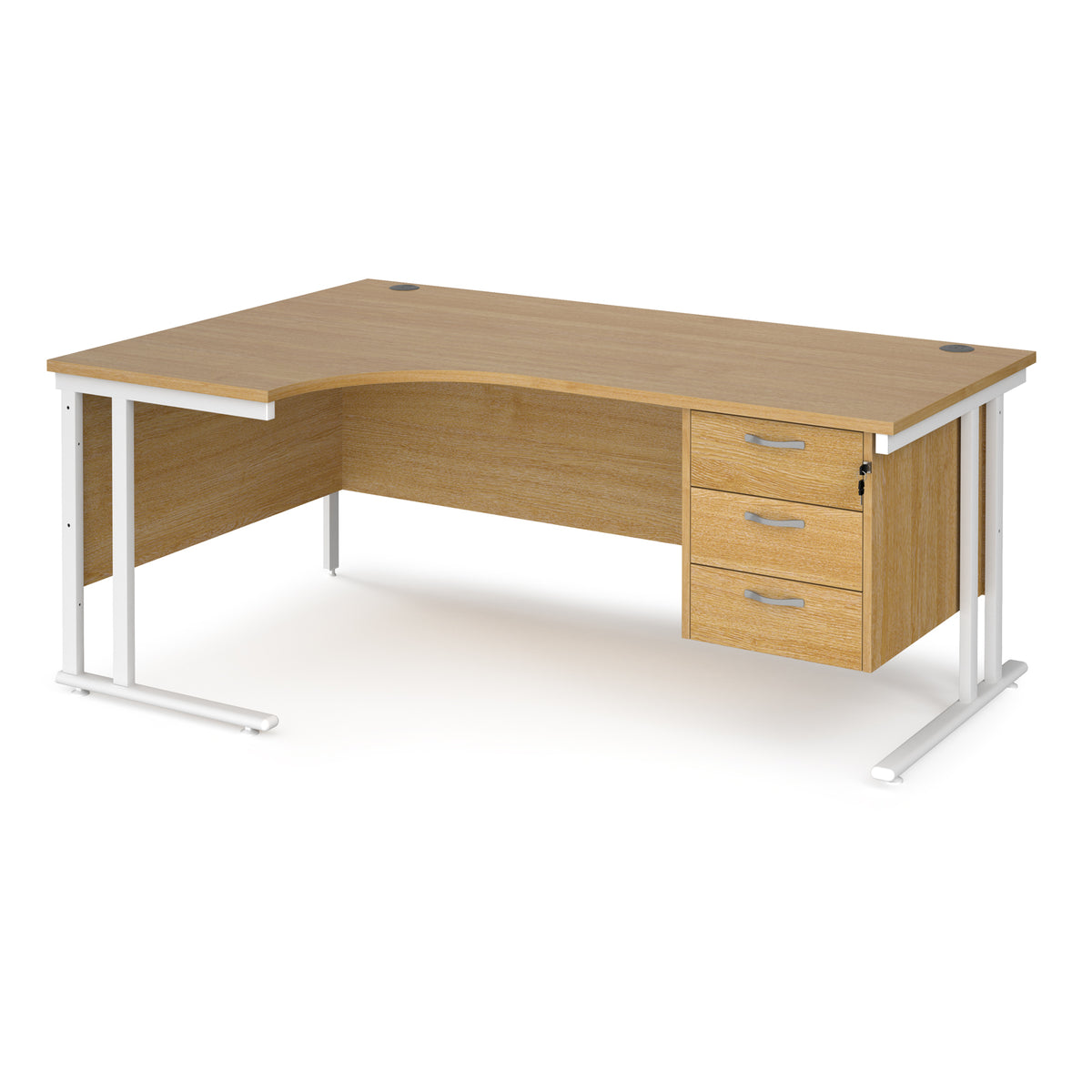 Maestro 25 left hand ergonomic desk 1800mm wide with 3 drawer pedestal - white cantilever leg frame, Oak Top - view 1