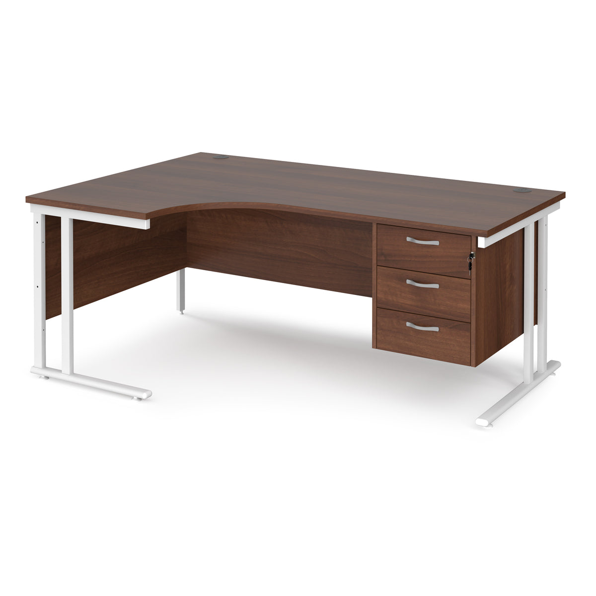 Maestro 25 left hand ergonomic desk 1800mm wide with 3 drawer pedestal - white cantilever leg frame, Walnut top - view 1