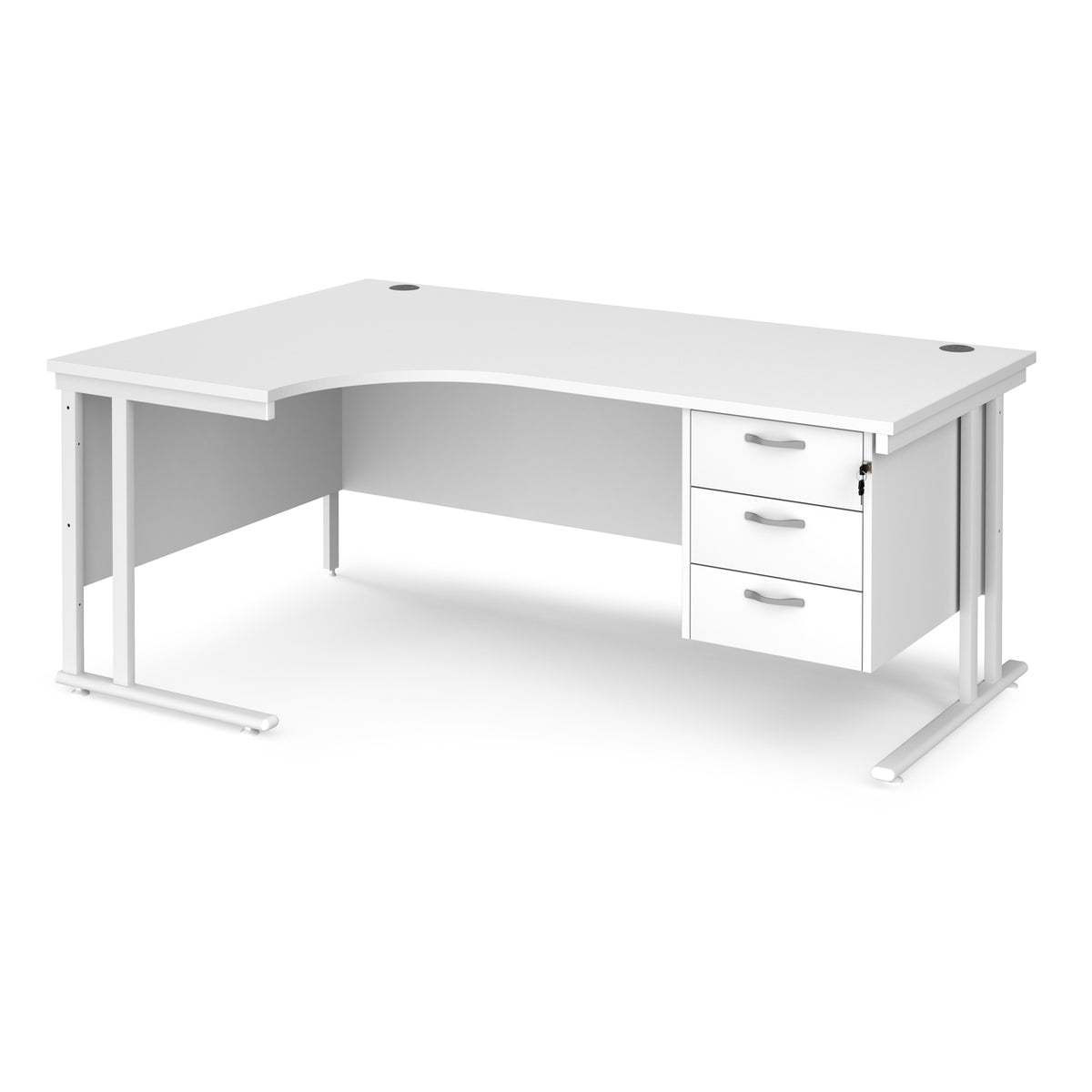 Maestro 25 left hand ergonomic desk 1800mm wide with 3 drawer pedestal - white cantilever leg frame, White Top - view 1