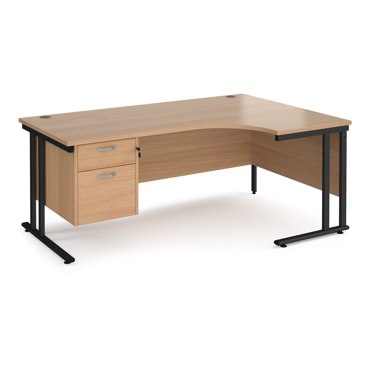 Maestro 25 right hand ergonomic desk 1800mm wide with 2 drawer pedestal - black cantilever leg frame, Beech top - view 1