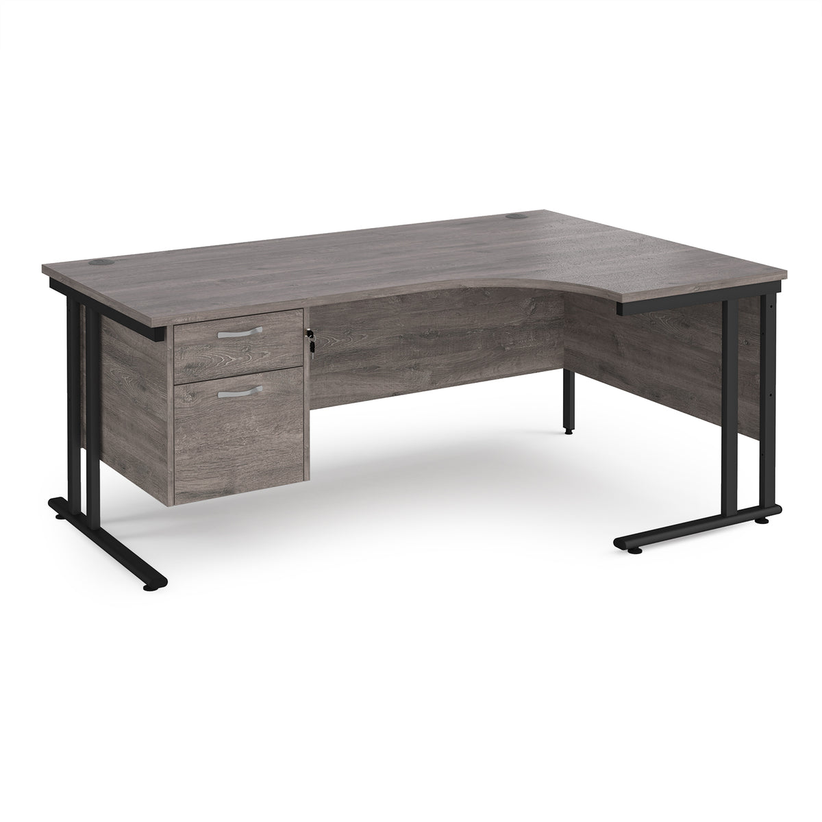 Maestro 25 right hand ergonomic desk 1800mm wide with 2 drawer pedestal - black cantilever leg frame, Grey Oak Top - view 1