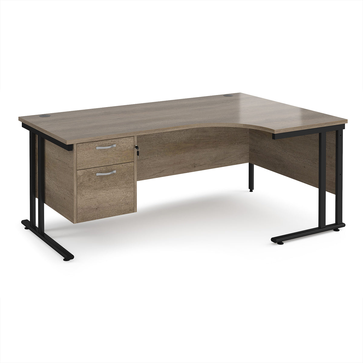 Maestro 25 right hand ergonomic desk 1800mm wide with 2 drawer pedestal - black cantilever leg frame, Nebraska Oak Top - view 1