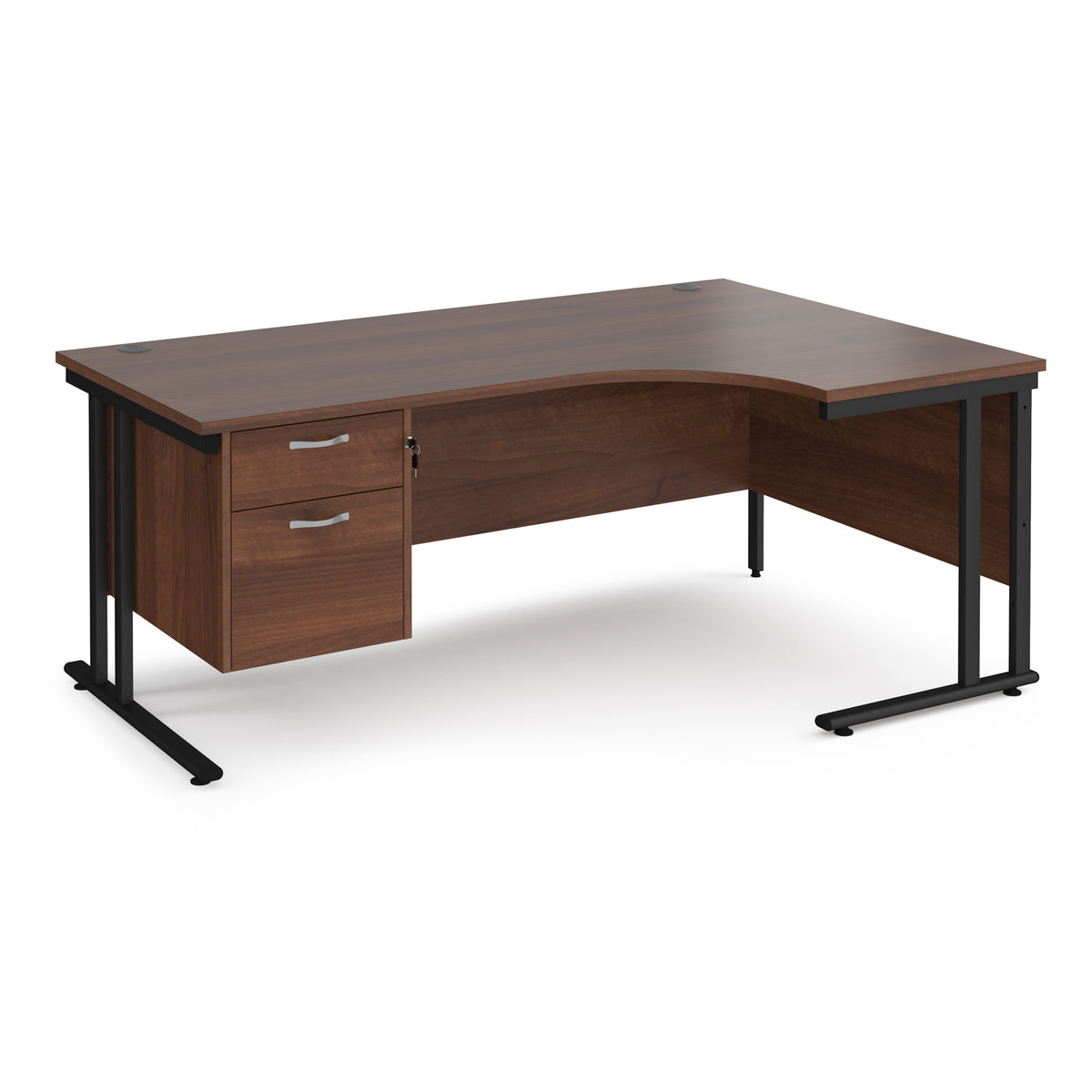 Maestro 25 right hand ergonomic desk 1800mm wide with 2 drawer pedestal - black cantilever leg frame, Walnut top - view 1